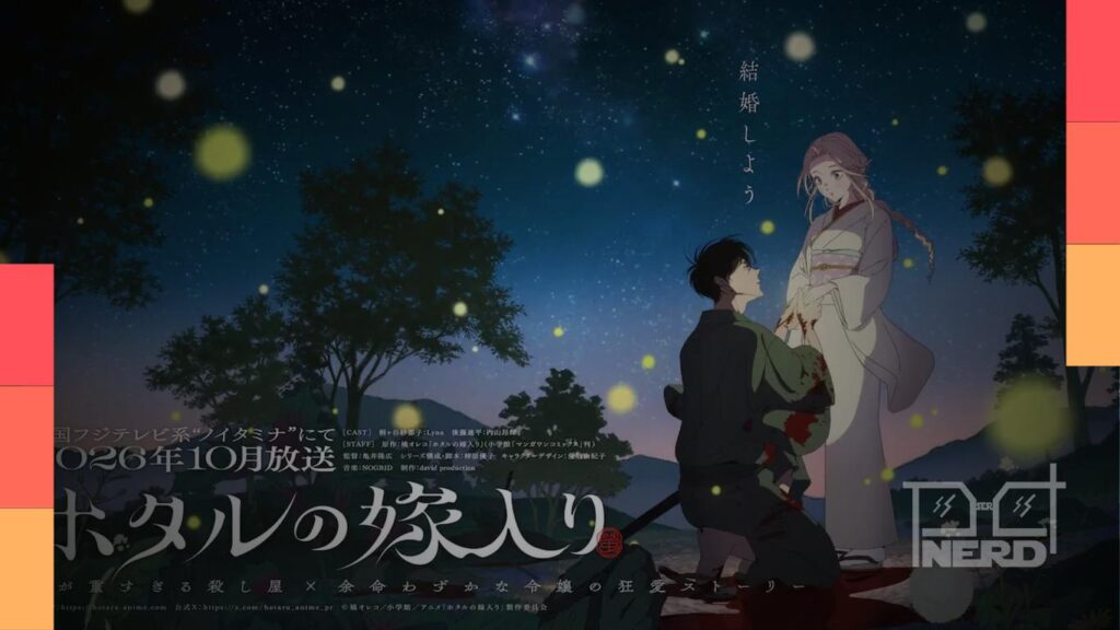 Cena promocional de Firefly Wedding com atmosfera de romance histórico e suspense, anunciando trailer na Anime Expo e Crunchyroll
