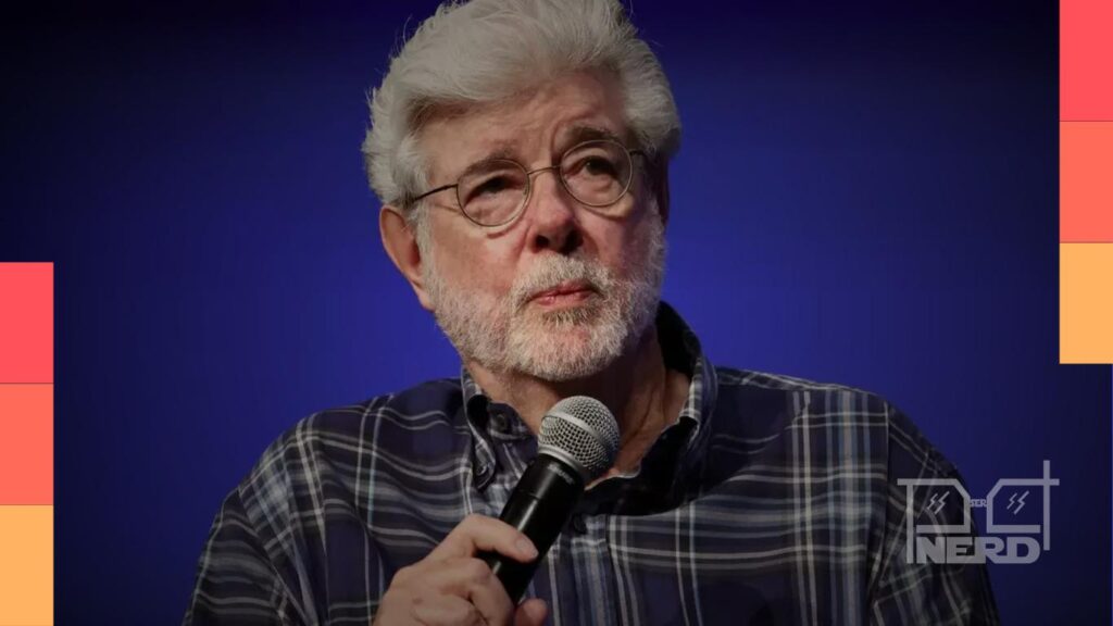 George Lucas em frente a um cenário de Hollywood com personagens dos Minions e monstros ao fundo, sugerindo participação vocal em Minions & Monstros