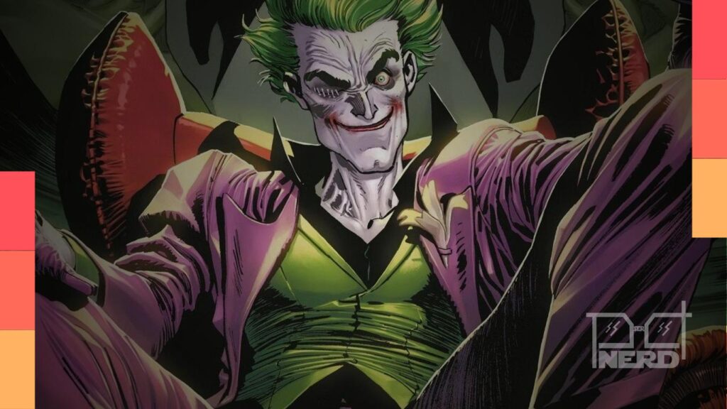 Ilustração do Coringa em clima de investigação em Gotham, com referência ao Batman em segundo plano