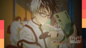 Ilustração do anime Kill Blue com um protagonista adolescente em ambiente escolar e elementos de ação sci-fi ao fundo