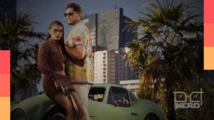 Ilustração com a cidade e símbolos de GTA 6 e a ideia de teorias sobre o lançamento do GTA 6 Online