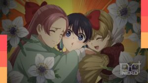 Miya e personagens do anime My Stepmother and Stepsisters Aren't Wicked com clima de comédia e romance