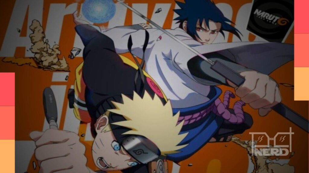 Ilustração promocional do Naruto TCG celebrando os 25 anos do anime com cartas e personagens como Boruto e Sasuke