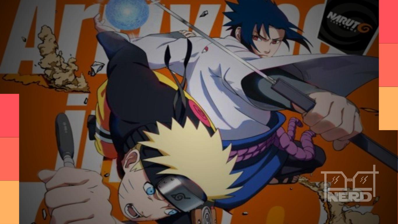 Ilustração promocional do Naruto TCG celebrando os 25 anos do anime com cartas e personagens como Boruto e Sasuke