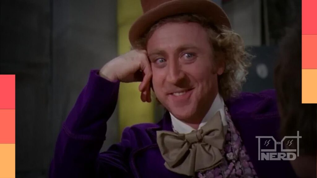 Imagem com estética de Willy Wonka mostrando um microfone com interface de IA ao lado de personagens do universo Wonka