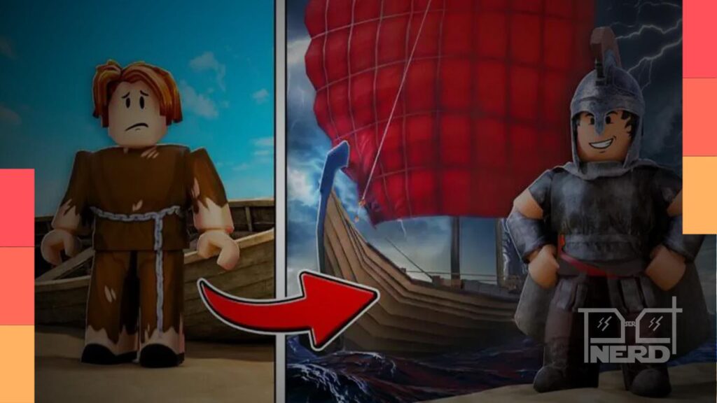 Jogadores explorando um cenário marítimo no Roblox inspirado em A Odisseia, enfrentando perigos e ilhas míticas