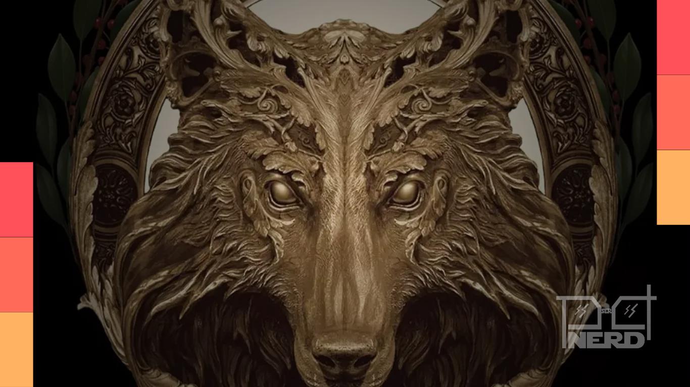 Ilustração do universo de O Rei Lobo com atmosfera de fantasia e romance