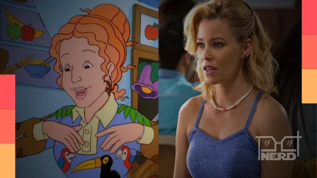 Elizabeth Banks interpretando a Srta. Frizzle no universo de O Ônibus Mágico com o ônibus amarelo em destaque