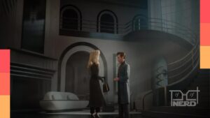 Personagens de Ray Gunn em cidade futurista retrô, com atmosfera de ficção científica e detetive
