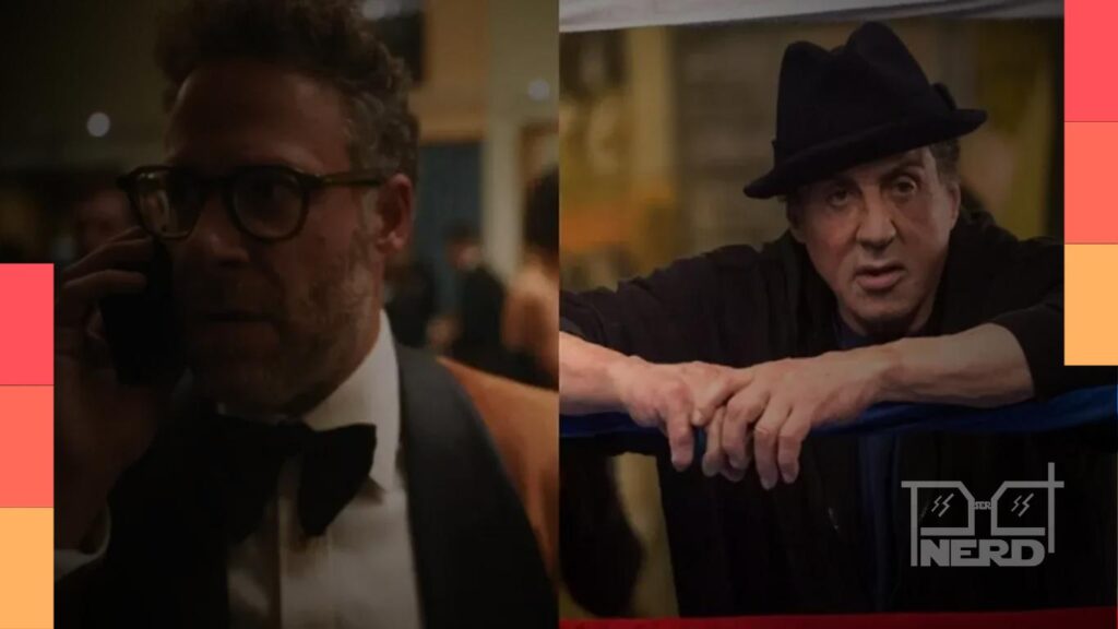Seth Rogen comentando em podcast e Sylvester Stallone ao fundo, com destaque para a frase “só 4 filmes bons”