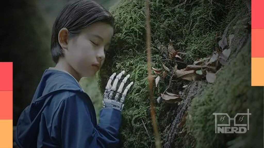 Cena do trailer de Sheep in the Box com atmosfera dramática e robô humanoide no futuro próximo