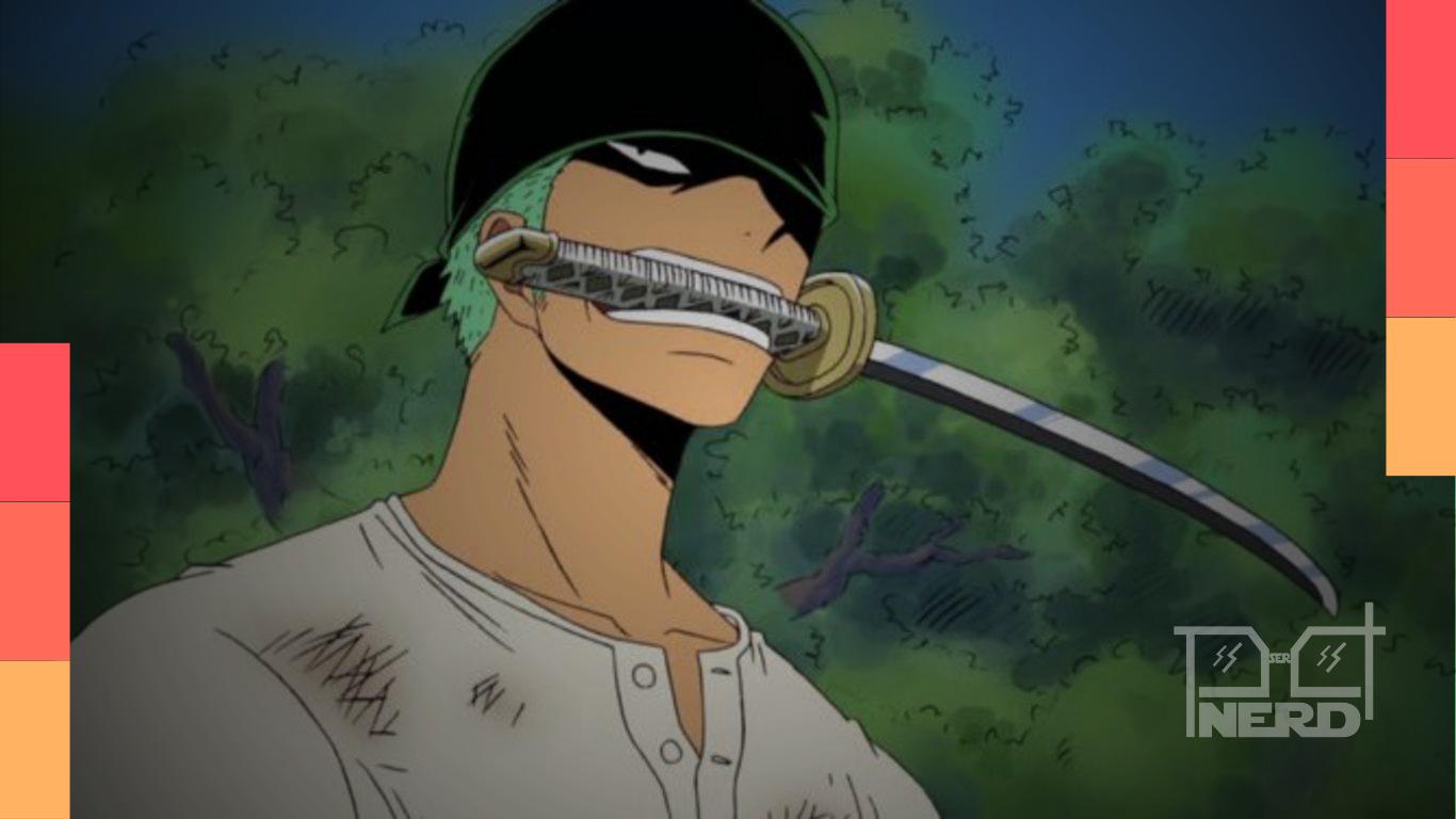 Ilustração do Zoro em destaque em uma capa de One Piece Novel Zoro, com clima de mistério e espada