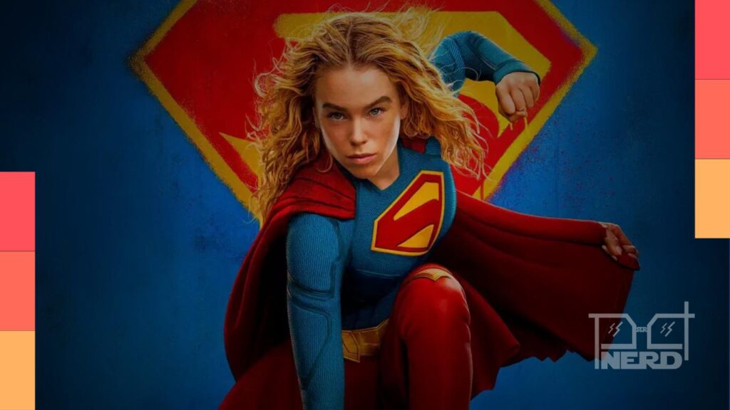 Supergirl em cena do teaser com Superman ao fundo e elementos sci-fi do filme da DC