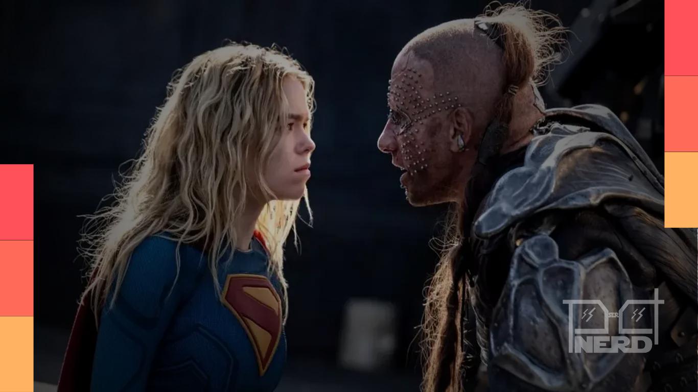 Cena de Supergirl em pôster promocional com temática de ficção científica
