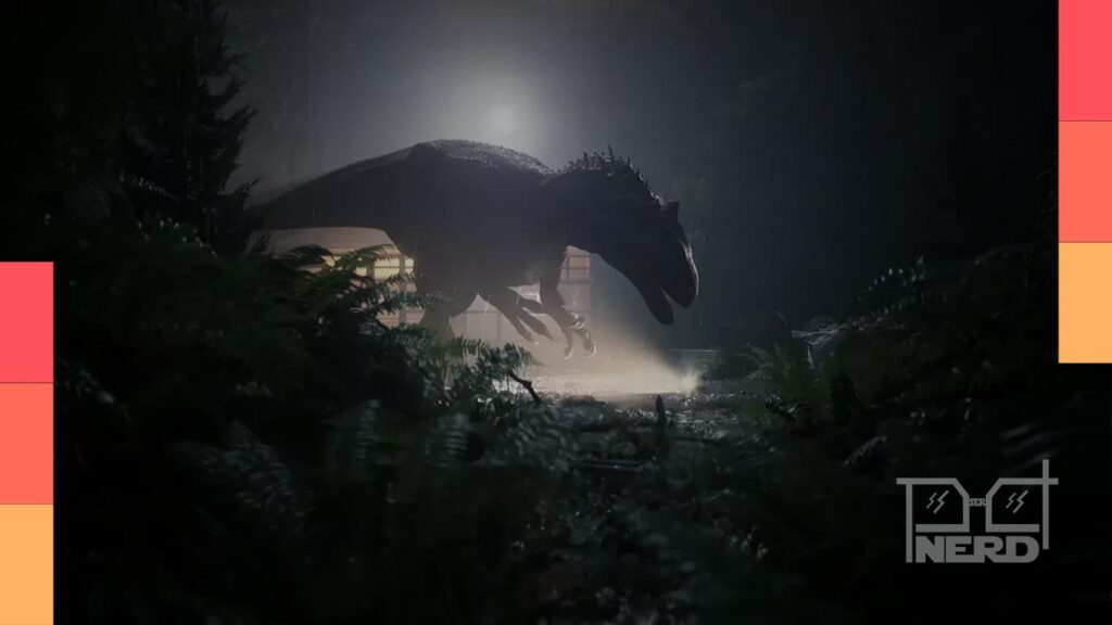 Cena de The Lost Wild com Saskia se escondendo na floresta enquanto um dinossauro predador se aproxima