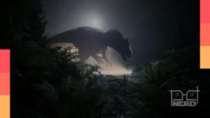 Cena de The Lost Wild com Saskia se escondendo na floresta enquanto um dinossauro predador se aproxima
