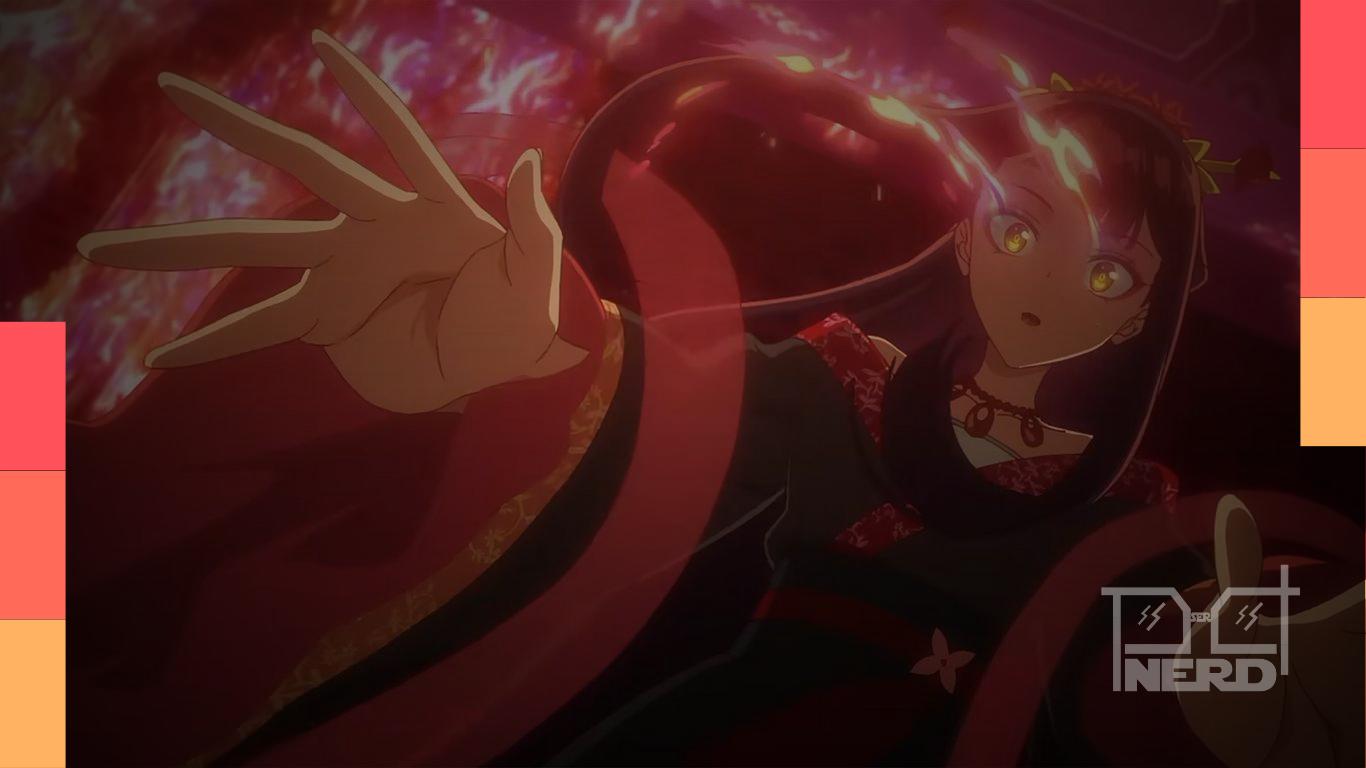 Imagem promocional do anime Though I Am an Inept Villainess com indicação do tema de encerramento Shooting Star