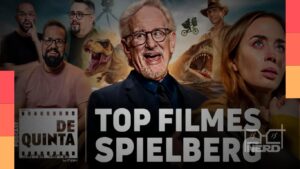 Ilustração com silhueta do cineasta Steven Spielberg e cenas icônicas representando o Top 10