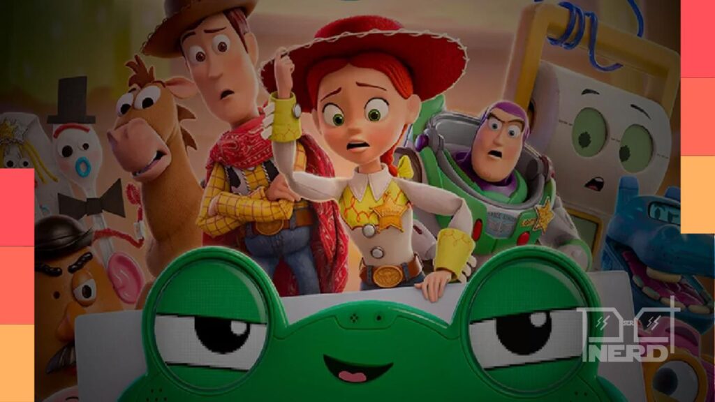 Ilustração do universo de Toy Story 5 com Woody e Buzz em destaque e foco na pré-estreia