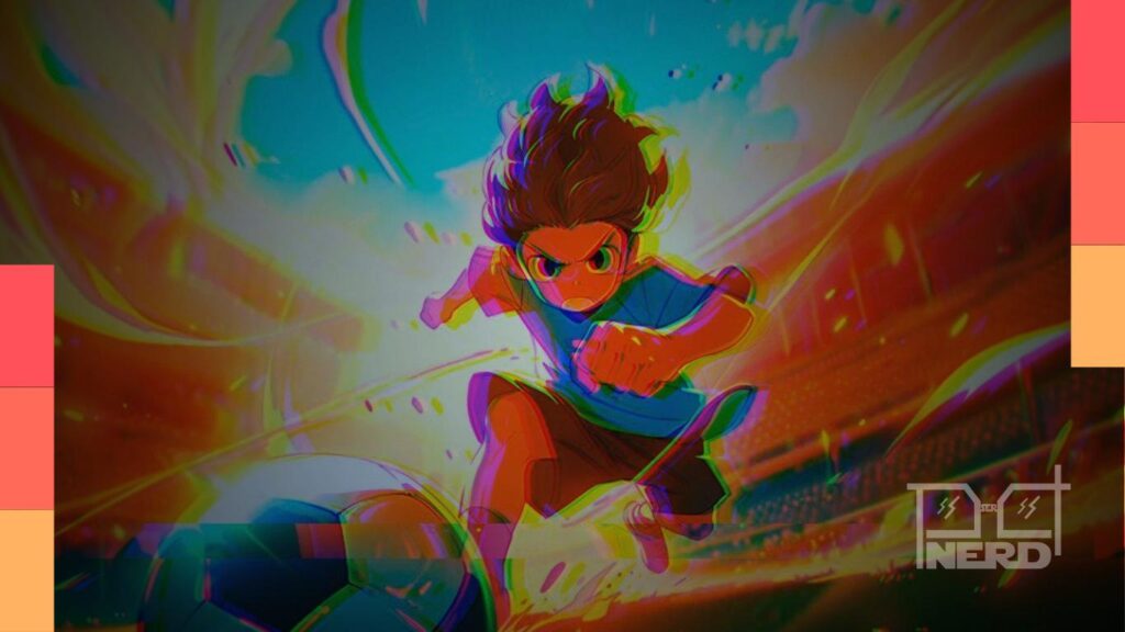 Pessoa transformada em protagonista de anime esportivo, usando uniforme e em um estádio com torcida e efeitos visuais