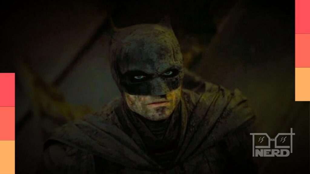 Ilustração mostrando Gotham em clima sombrio e a silhueta do Batman de Robert Pattinson junto a símbolos de corujas