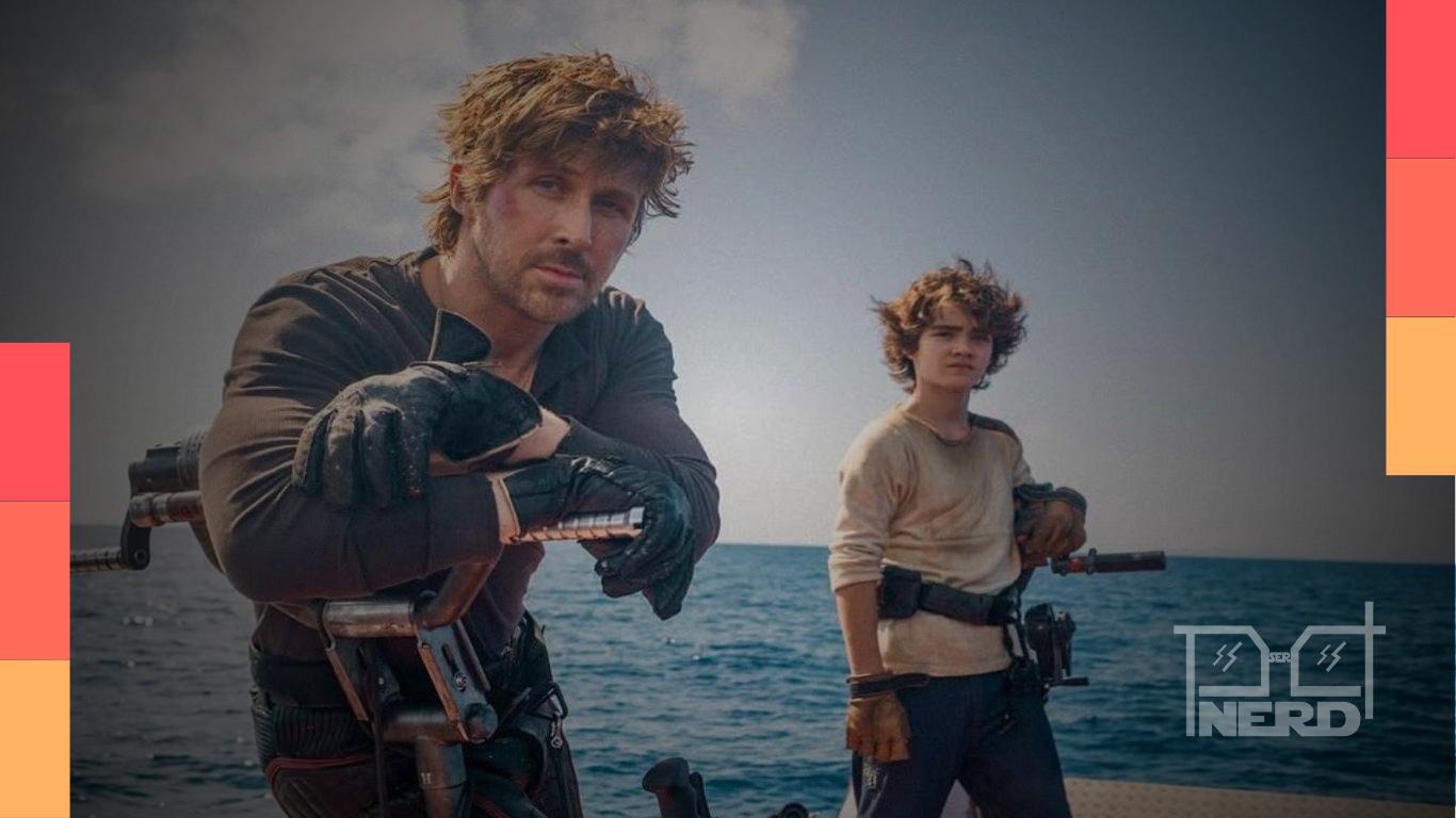 Ryan Gosling em cena do set de Star Wars: Starfighter, com temática espacial ao fundo