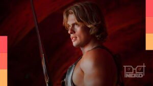 Capa com um personagem estilo He-Man e elementos de brinquedos representando filmes baseados em mercadorias