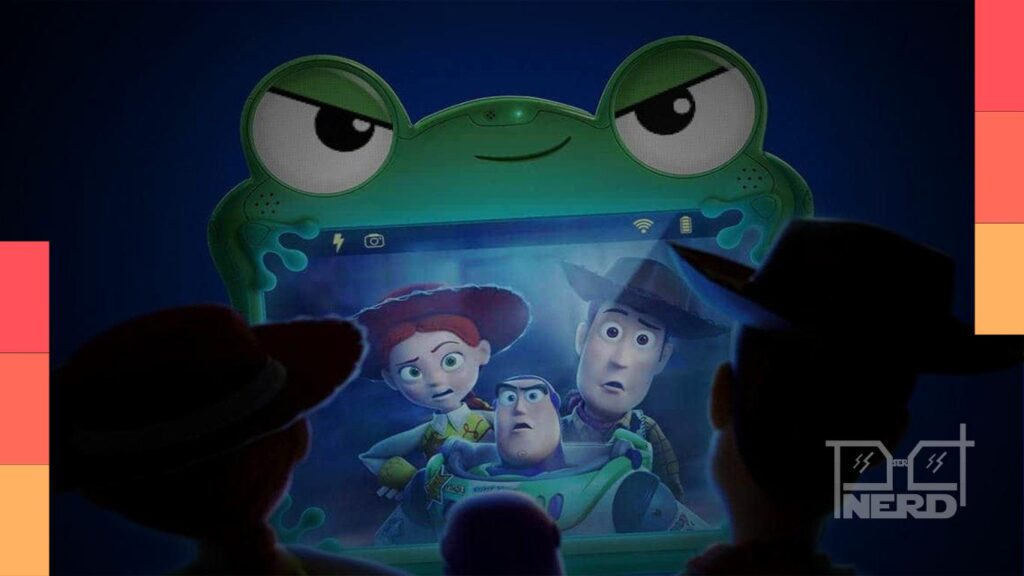 Ilustração de Toy Story 5 com tema de tecnologia e telas e referência ao medo da tecnologia em animações