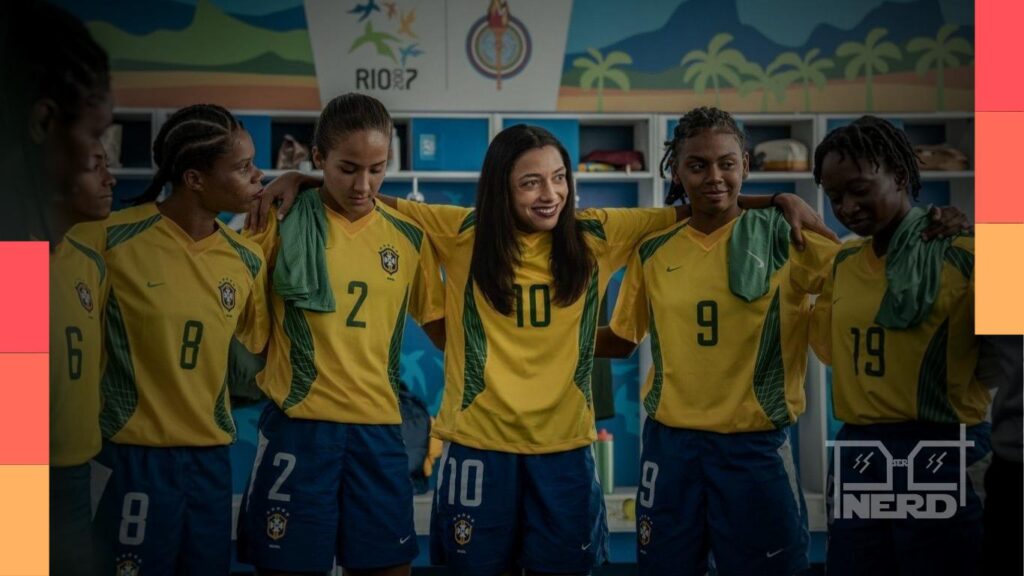 Alice Carvalho caracterizada como Marta Vieira da Silva com uniforme da Seleção Brasileira durante gravações