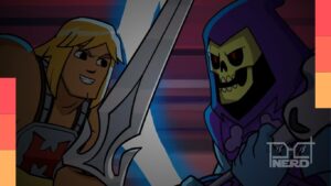 He-Man empunhando a Espada do Poder em Eternia, com menção à série animada da Mattel no YouTube