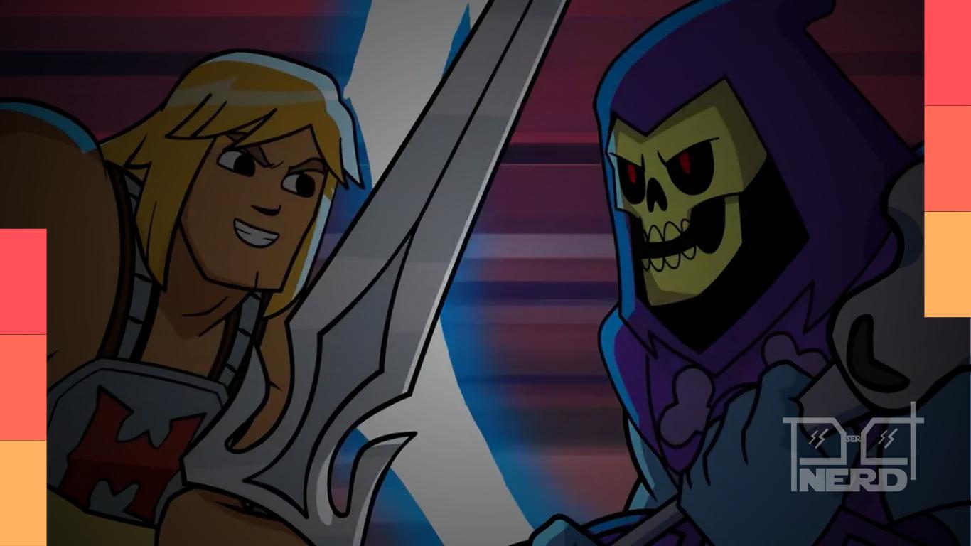 He-Man empunhando a Espada do Poder em Eternia, com menção à série animada da Mattel no YouTube