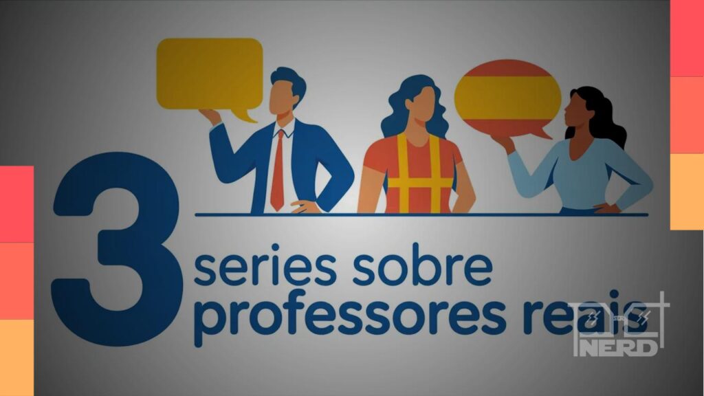 Imagem ilustrativa com três estilos de séries: Abbott Elementary, Rita e Merlí, destacando professores em ambiente escolar