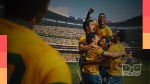 Cartaz com ícones de futebol e chamadas de séries e filmes para maratonar na Copa 2026