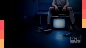 Personagem em clima de true crime ao lado de telas de streaming com títulos como A Testemunha