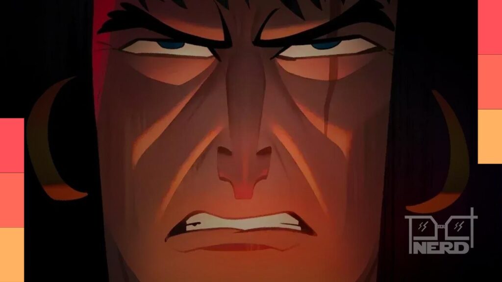 Ilustração do guerreiro Conan segurando uma espada, com Bêlit ao fundo e cenário de fantasia sombria para a série no Prime Video.