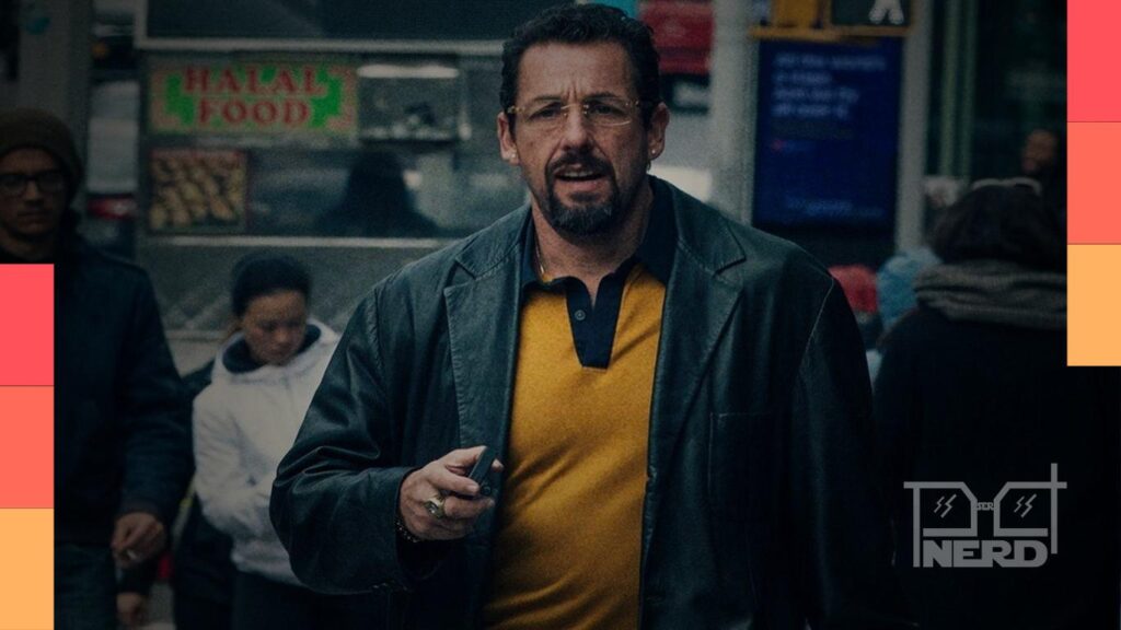 Cena de Joias Brutas com Adam Sandler em clima de suspense no streaming