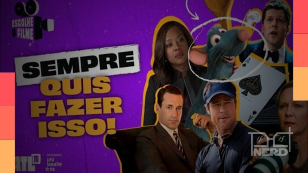 Imagem com clima de cinema e sofá, sugerindo Lari Guerra e Rapha Gomes debatendo profissões inspiradas em séries e filmes