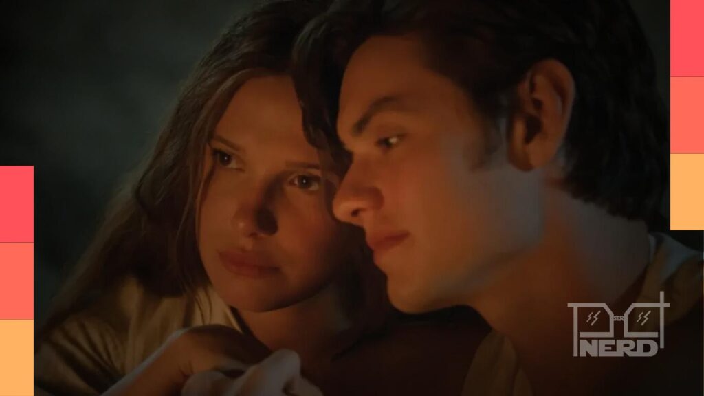Millie Bobby Brown como Enola Holmes em uma cena de mistério, com clima de suspense e referência a Sherlock desaparecido e casamento em Malta
