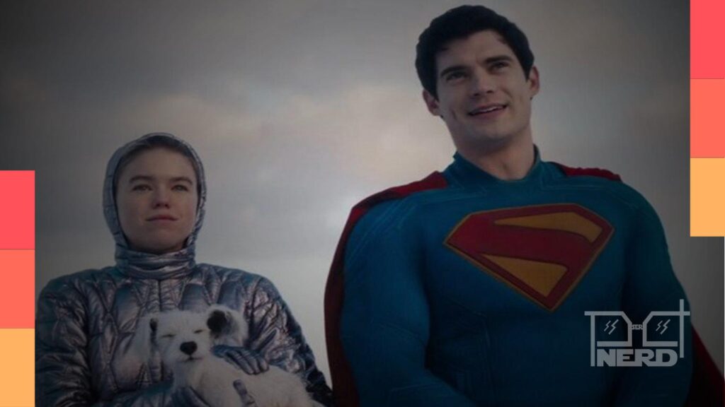 Milly Alcock e David Corenswet em cena de Supergirl em um cenário inspirado no universo da DC