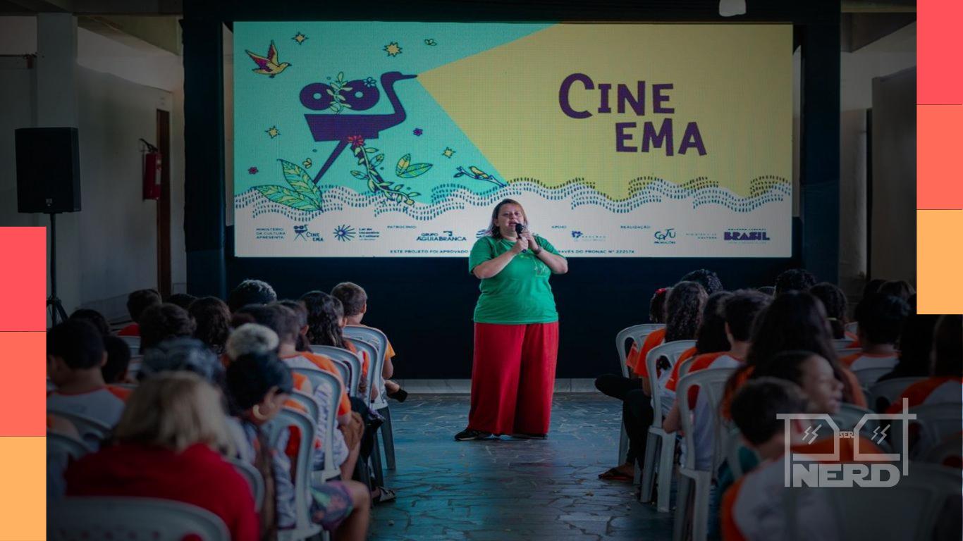 Tela de cinema com temática ambiental representando inscrições do Festival Cine.Ema e premiações de R$ 12,5 mil