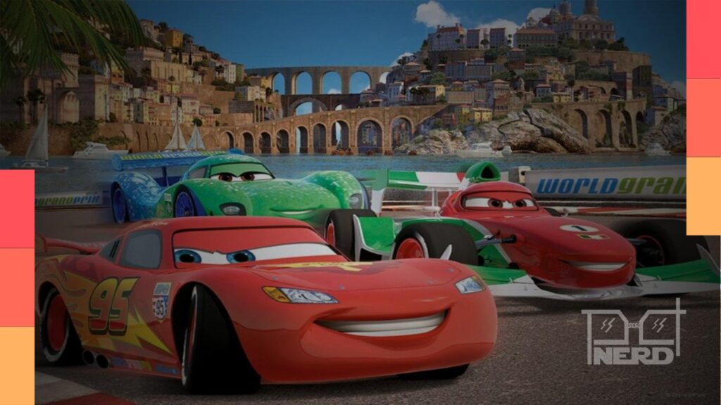 Cena estilizada do GP de Mônaco com skyline, muro da pista e ícones de streaming representando filmes e séries sobre Fórmula 1