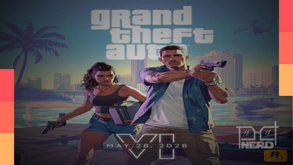 Visão estilizada de Vice City em GTA 6 com Jason e Lucia ao fundo, clima sombrio e luzes da cidade ao entardecer em Leonida