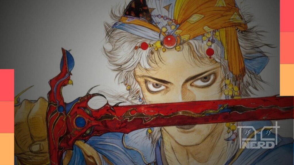 Ilustração estilo fantasia mostrando Yoshitaka Amano e o samurai Zan em um cenário que mistura eras e dimensões