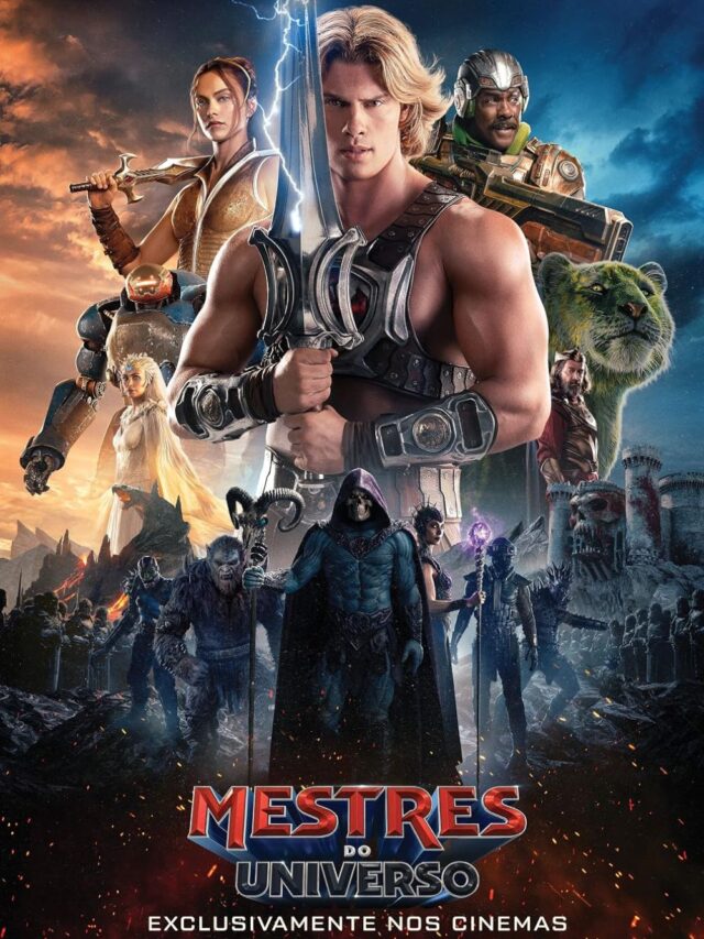 alternativo da imagem: He-Man empunhando a Espada do Poder brilhante no alto em meio a um cenário de batalha em Mestres do Universo.