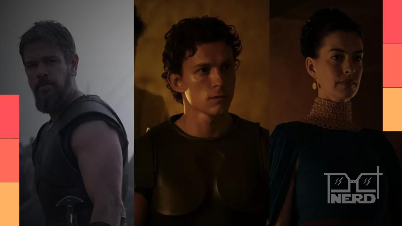 Ilustração com destaque para Matt Damon como Odisseu e outros personagens de A Odisseia do elenco do filme de Christopher Nolan