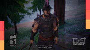 Personagem de Fortnite com visual inspirado em Odisseu e Agamenon em clima épico de A Odisseia