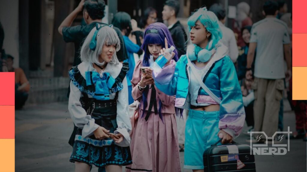 Personagens de anime e elementos de videogame em uma arte de crossover para representar licenciamento entre franquias