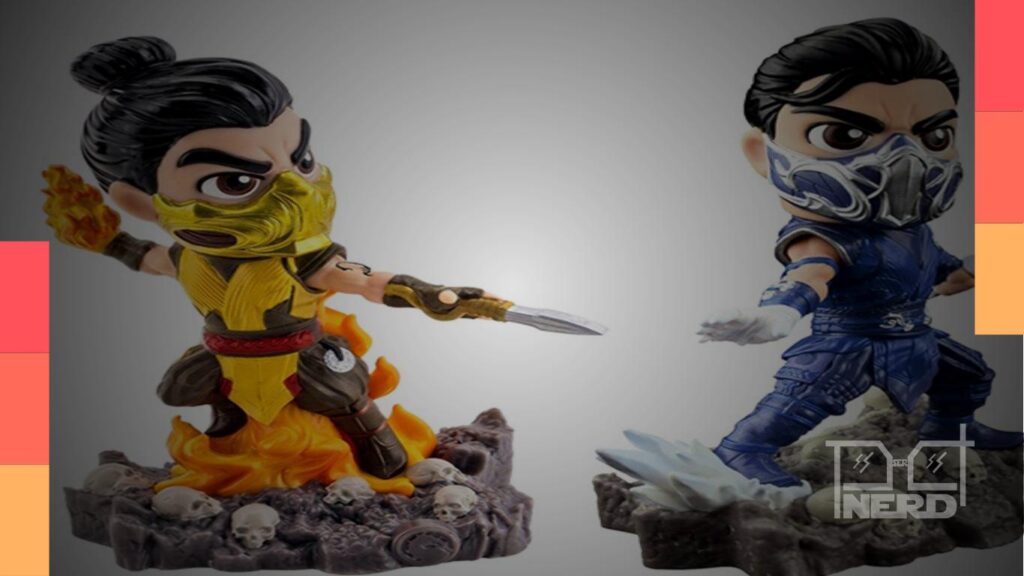 Colecionáveis de Mortal Kombat da Fandom Box para a Anime Friends 2026, com personagens como Scorpion e Sub-Zero
