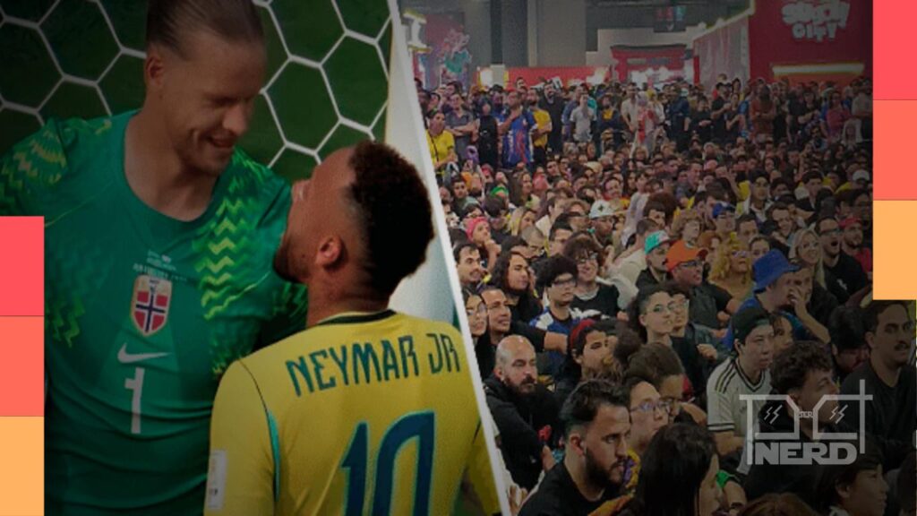 Otakus assistindo a partida do Brasil em telões durante o Anime Friends 2026