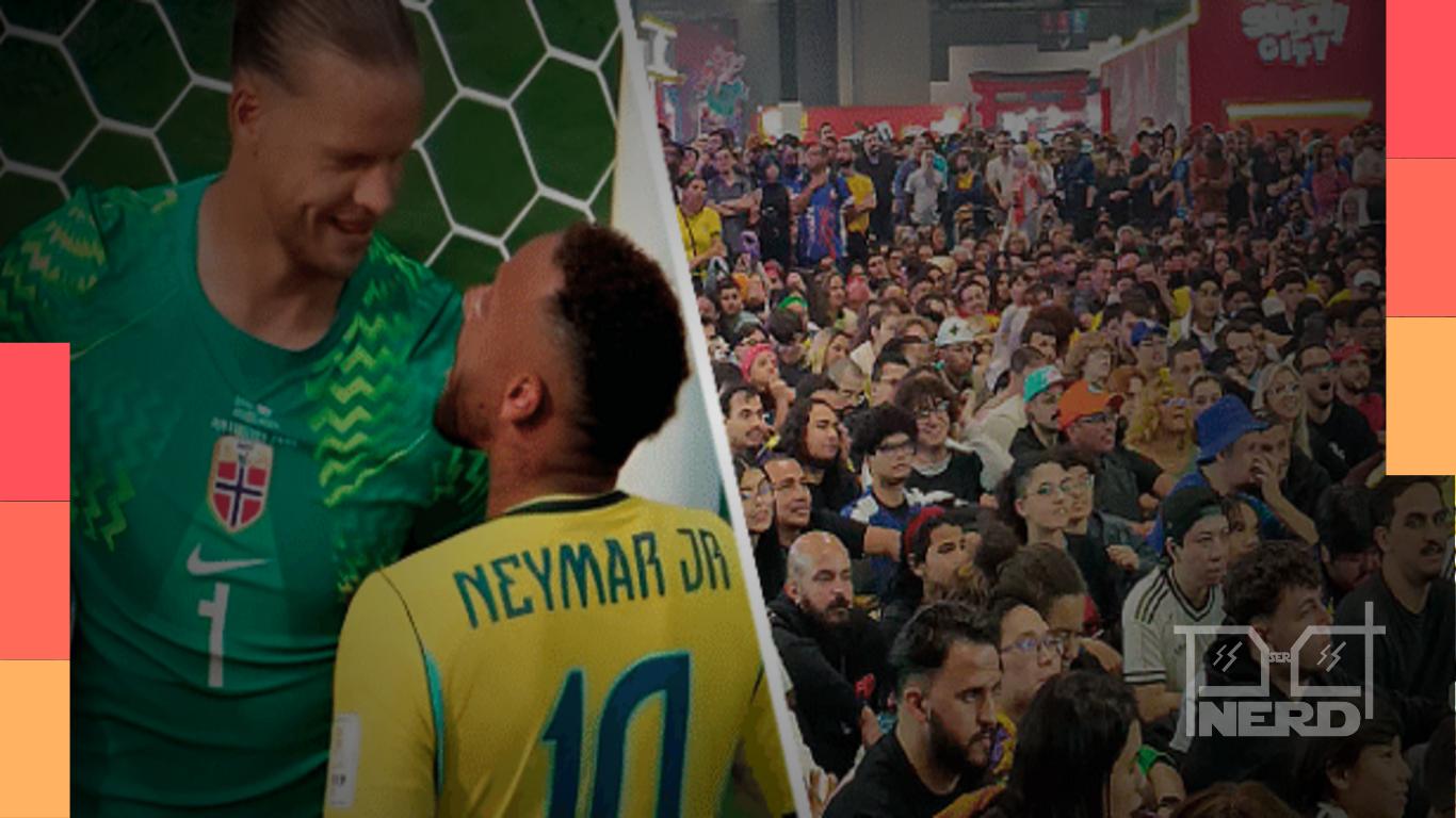 Otakus assistindo a partida do Brasil em telões durante o Anime Friends 2026